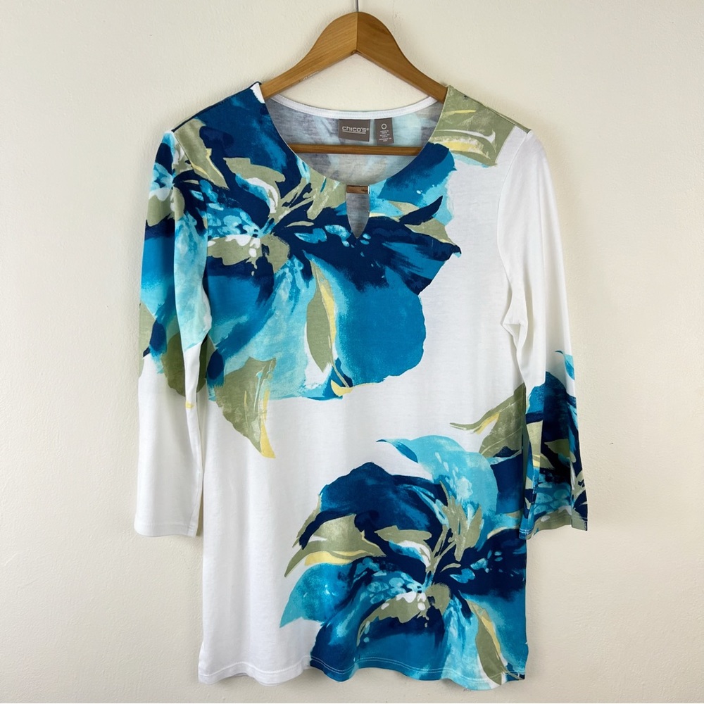 Chicos Iris Bloom Floral Petals Modal Cotton Blend 3/4 Sleeve Tunic - Picture 2 of 11